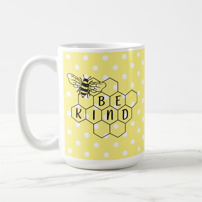 Be Kind Bumble Bee Yellow Polka Dot Coffee Mug (Left)