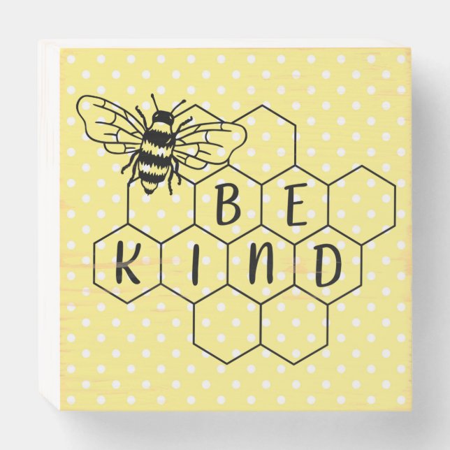 Be Kind Bumble Bee Yellow Polka Dot Wooden Box Sign (Front Horizontal)