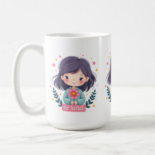 Be Kind Cute Girl with Flower Positive Art Coffee Mug