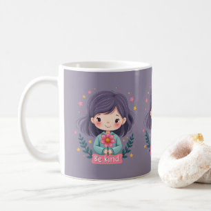 Be Kind Cute Girl with Flower Positive Art Coffee Mug