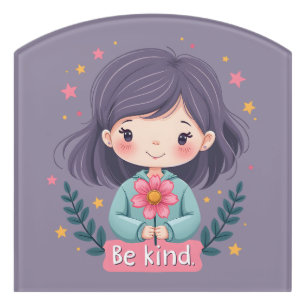 Be Kind Cute Girl with Flower Positive Art Door Sign