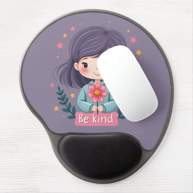 Be Kind Cute Girl with Flower Positive Art Gel Mouse Pad (Left Side)