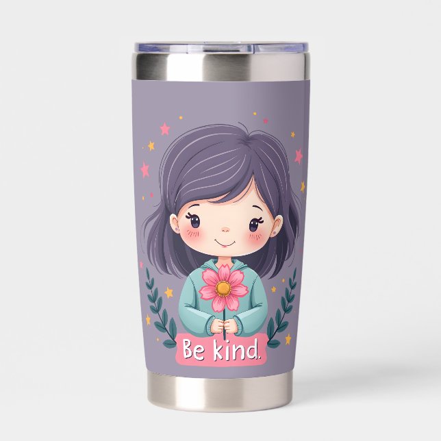 Be Kind Cute Girl with Flower Positive Art Insulated Tumbler (Front)