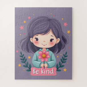Be Kind Cute Girl with Flower Positive Art Jigsaw Puzzle