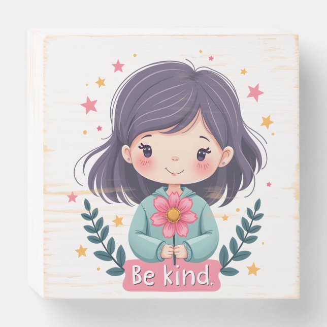 Be Kind Cute Girl with Flower Positive Art Wooden Box Sign (Front Horizontal)