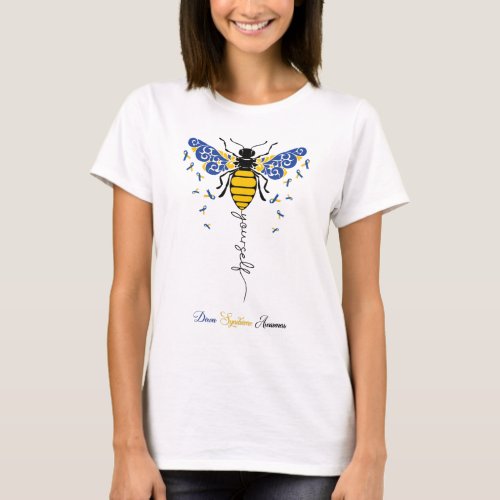 be kind down syndrome mom blue yellow bee T_Shirt