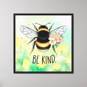 Be Kind Floral Cute Bee Inspirational Design Canvas Print