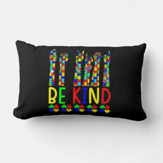 Be Kind Hand Sign Language Puzzle Autism Awareness Lumbar Pillow (Front)