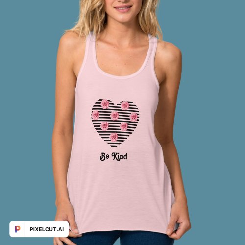 Be Kind Heart with Pink Roses and Black Stripes Tank Top