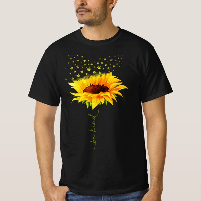 Be Kind Hippie Sunflower I Love You Deaf ASL Sign  T-Shirt (Front)