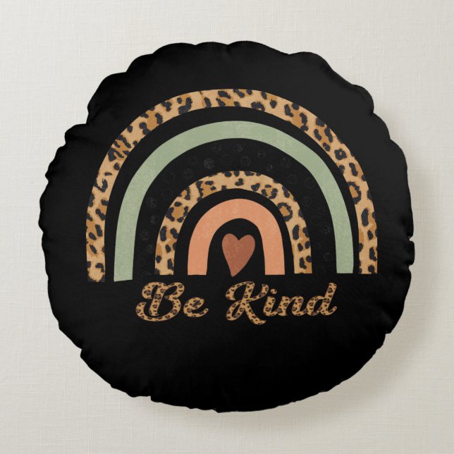 Be Kind Leopard Print Rainbow Front & Back Round Pillow (Front)
