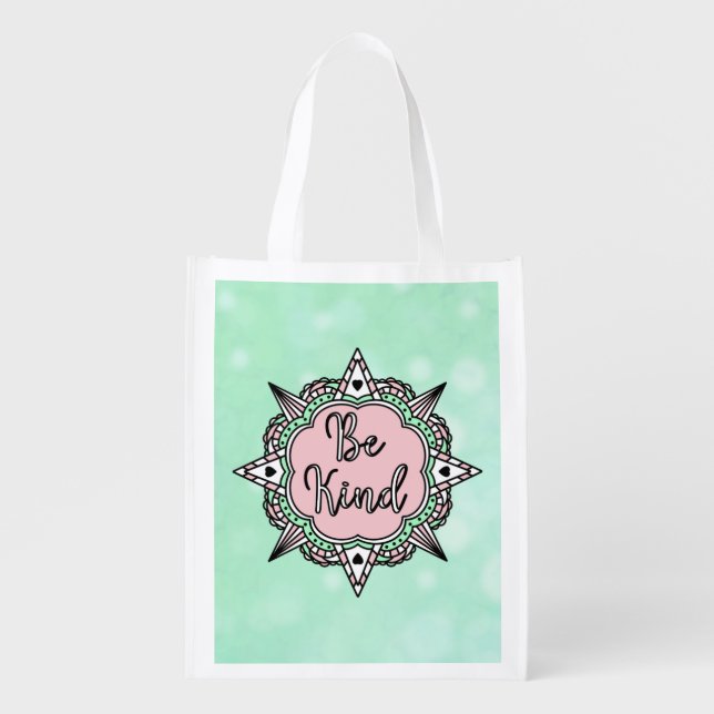 Be Kind | Mint Green and Pink Grocery Bag (Front)