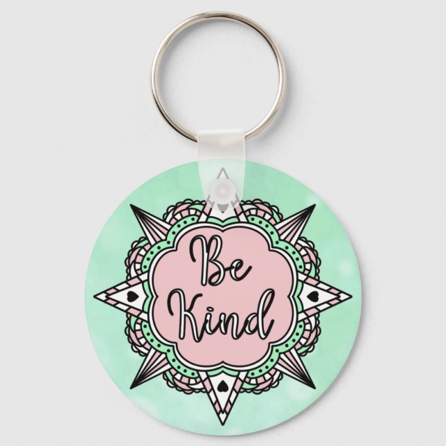 Be Kind | Pink and Mint Green Mandala Keychain (Front)