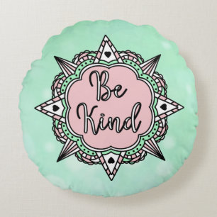 Be Kind Pink and Mint Green Mandala Round Pillow