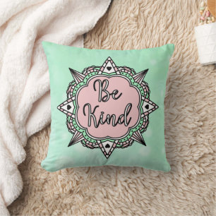 Be Kind Pink and Mint Green Mandala Throw Pillow