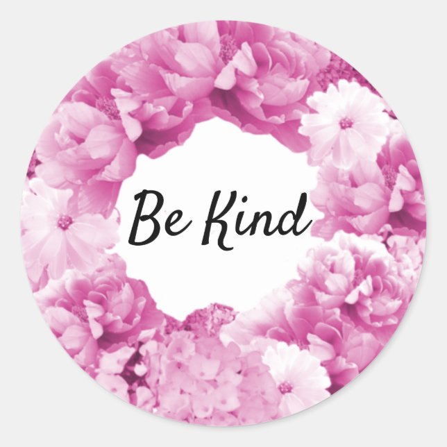 Be Kind Pink Floral Wreath Round Sticker (Front)