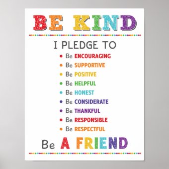 Be Kind Pledge Classroom Anti Bully Campaign Poster | Zazzle