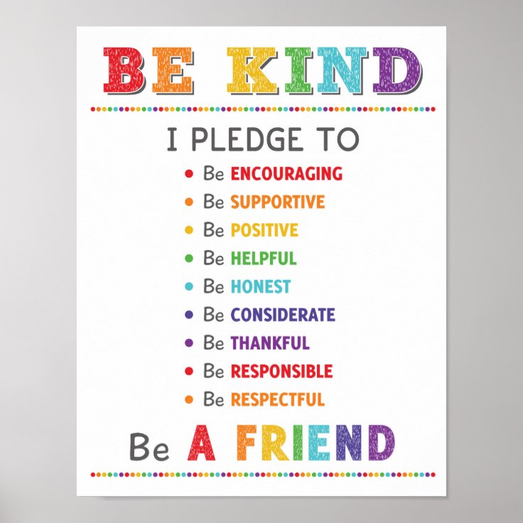 Be Kind Pledge Classroom Anti Bully Campaign Poster | Zazzle