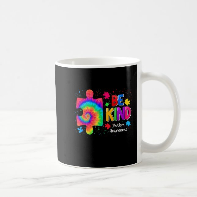 Be Kind Puzzle Piece Tie Dye Cute Autism Awarenes Coffee Mug (Right)