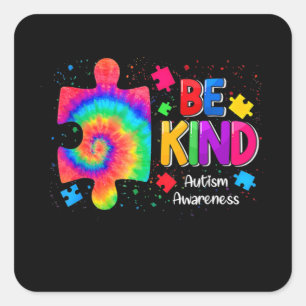 Be Kind Puzzle Pieces Tie Dye Cute Autism Awarenes Square Sticker