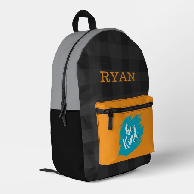 Be Kind Quote Mustard Yellow Blue Splash Monogram Printed Backpack (Back Corner Left)