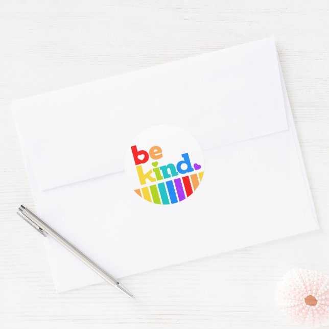 Be kind rainbow slogan text with hearts graphic classic round sticker (Envelope)