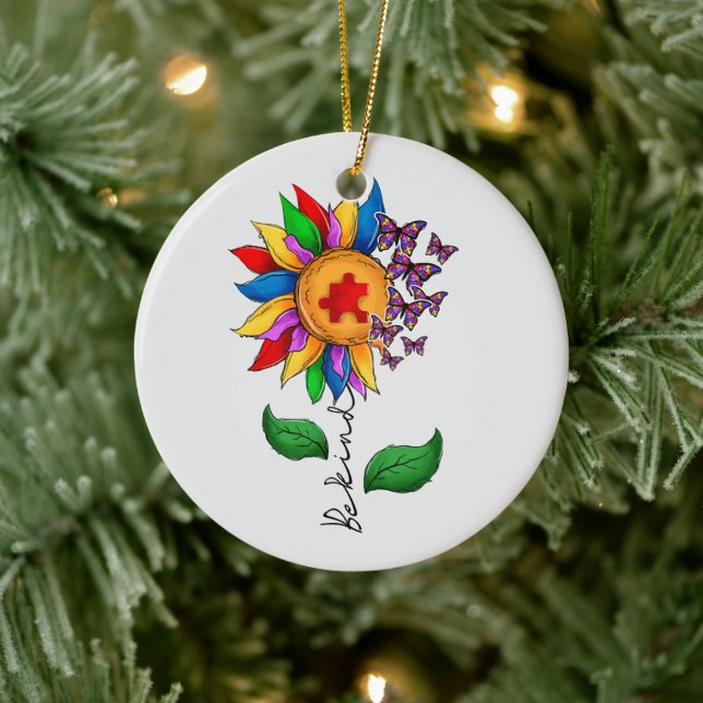 Be Kind Sunflower- Autism Awareness Ceramic Ornament (Tree)