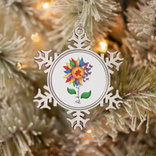 Be Kind Sunflower_ Autism Awareness Snowflake Pewter Christmas Ornament
