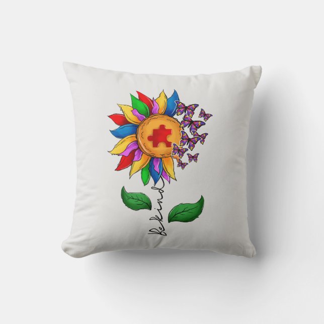 Be Kind Sunflower- Autism Awareness Throw Pillow (Front)