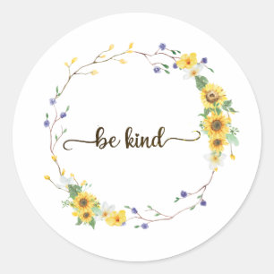 Be Kind, Sunflower Floral Botanical Wreath Classic Round Sticker