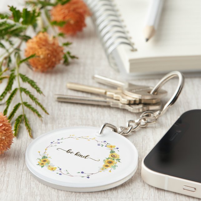 Be Kind, Sunflower Floral Botanical Wreath   Keychain (Front Right)