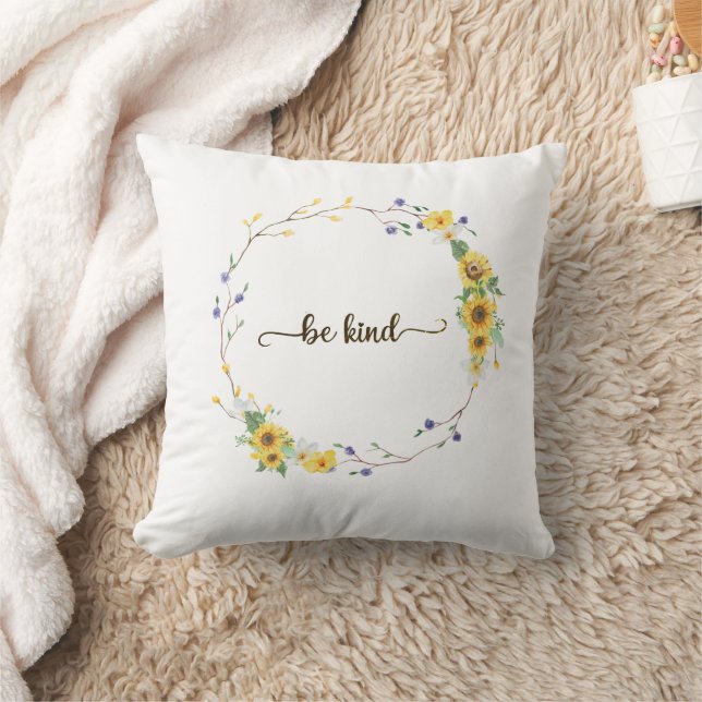 Be Kind, Sunflower Floral Botanical Wreath   Throw Pillow (Blanket)