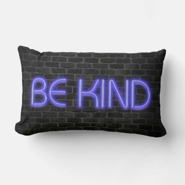BE KIND text in neon lights on brick Lumbar Pillow (Front)