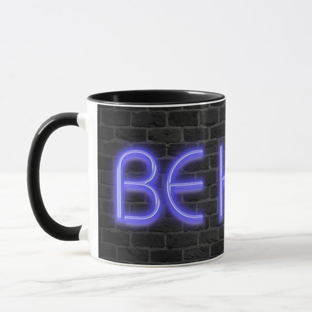 BE KIND text in neon lights on brick Mug (Left)