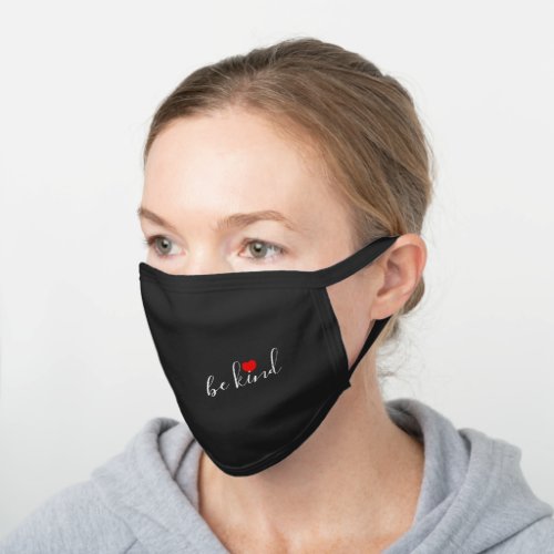 Be kind text red heart accent black cotton face mask
