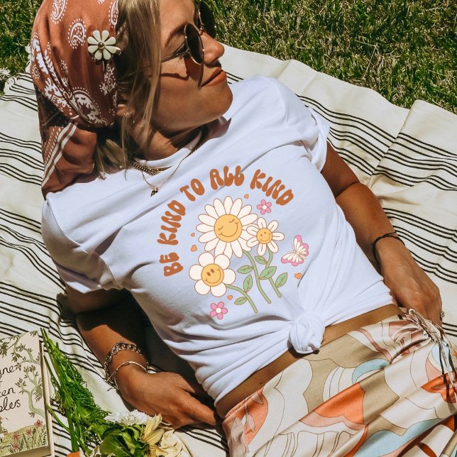 Be Kind to All Kind, Good Vibes Retro Daisy Boho T-Shirt (Creator Uploaded)