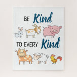 Be kind to every kind cute cartoon animals vegan jigsaw puzzle<br><div class="desc">Raise awareness about animal cruelty with this puzzle featuring six lovely cartoon farm animals (rabbit,  goat,  pig,  cow,  sheep,  and rooster) with the caption "Be Kind to every Kind" in black and blue fonts.</div>