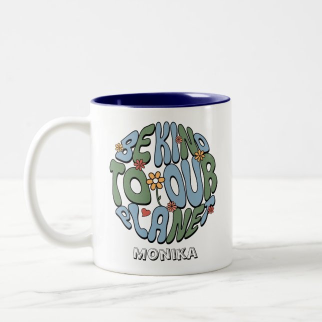 Be Kind To Our Planet - Save the Planet Monogram  Two-Tone Coffee Mug (Left)
