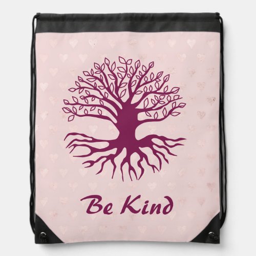 Be Kind Tree of Life in Burgundy with Pink Hearts Drawstring Bag