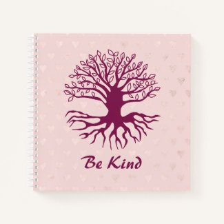 Be Kind Tree of Life in Burgundy with Pink Hearts Notebook