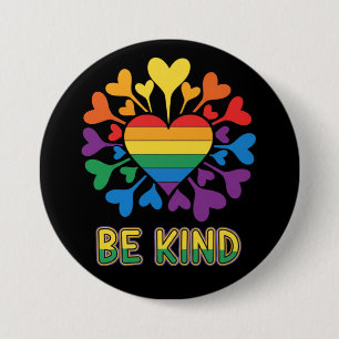 Be Kind vibrant Gay pride Flag Hearts Button
