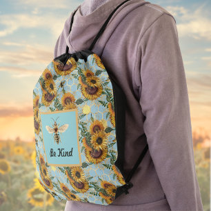 Be Kind Vintage Turquoise Sunflower Bee Drawstring Bag