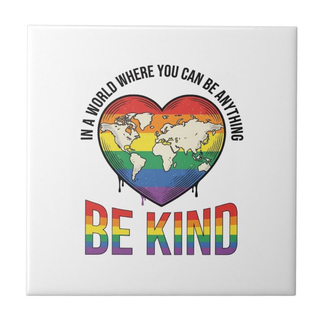 Be Kind World Heart Rainbow Vector T-Shirt Design_ Ceramic Tile (Front)