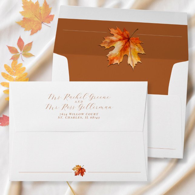 Be Leaf In Love Burnt Orange Rustic Fall Wedding Envelope (Watercolor fall maple leaf rustic burnt orange rust terracotta Autumn wedding invitation envelope)
