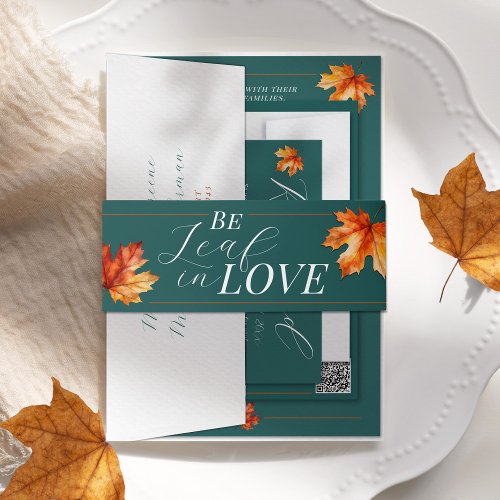 Be Leaf In Love Fall Leaves Teal Rust Wedding Invitation Belly Band
