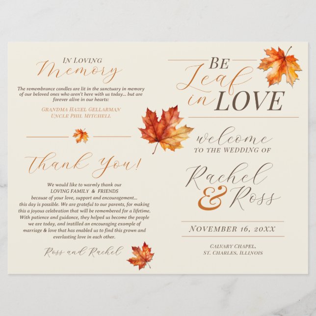Be Leaf In Love Rust Fall Wedding Ceremony Program (Front)