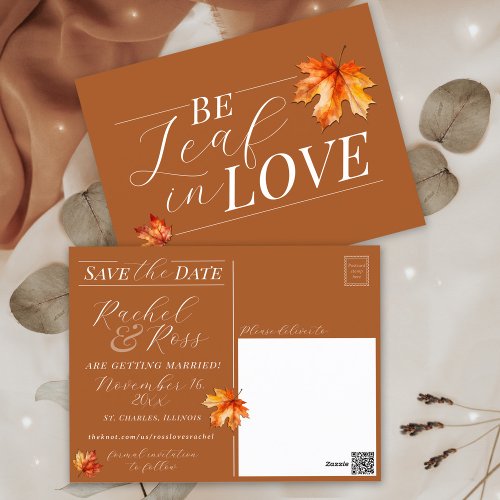 Be Leaf In Love Rust Fall Wedding Save the Date Postcard