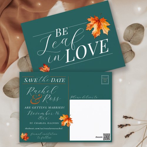 Be Leaf In Love Teal Fall Wedding Save the Date Postcard