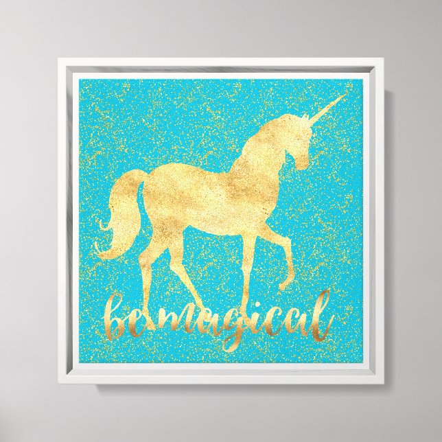 Be Magical Aqua Blue Gold Unicorn Canvas Print (Front)