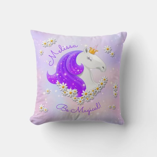 Be Magical Lilac Unicorn Flowers  Stars Throw Pillow